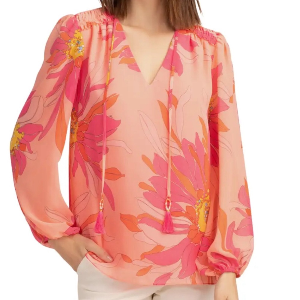 Trina Turk Watson pink and coral floral print tassel tie top blouse XS